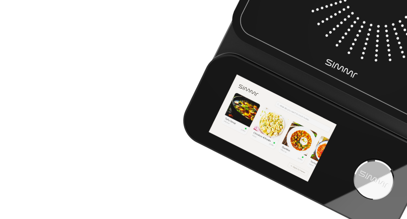 Simmr induction cooktop top view with recipe screen